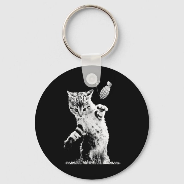 Cat Throwing Grenade Funny Kitty Cat Grenade Scene Key Ring (Front)