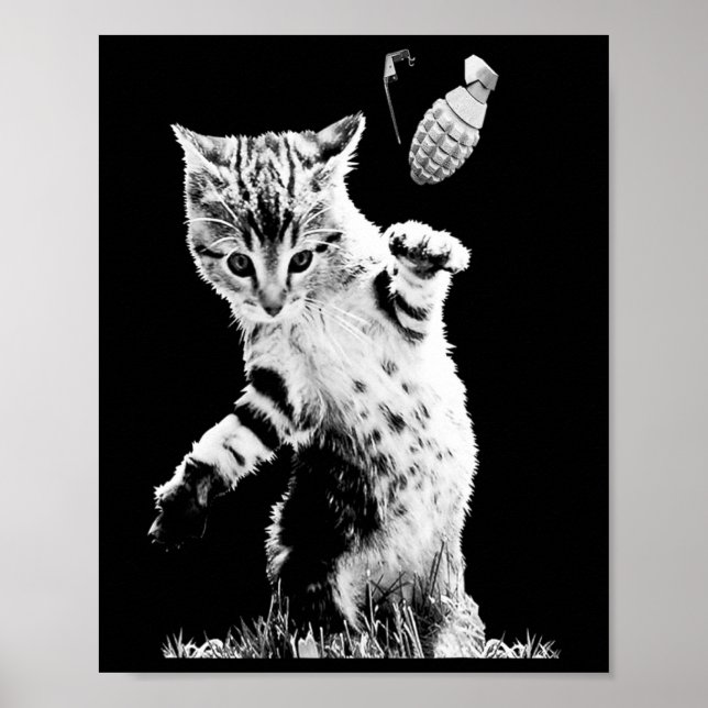 Cat Throwing Grenade Funny Kitty Cat Grenade Scene Poster (Front)