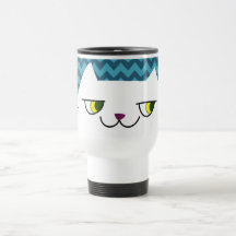 Cat Travel Mug Blue Chevron Cute White Cat