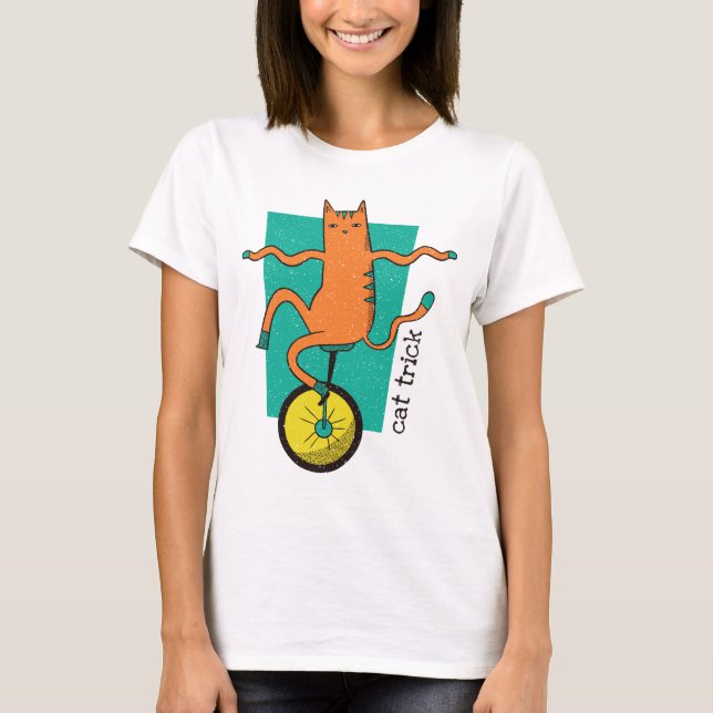 Cat Trick Funny Tabby Cat Riding a Unicycle T-Shirt (Front)