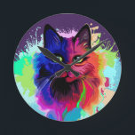 Cat Trippy Psychedelic Pop Art  Round Clock<br><div class="desc">Psychedelic Trippy Pop Art Cat Portrait on Colorful Paint Splatters. Original Vector IllustrationCopyright BluedarkArt TheChameleonArt.</div>
