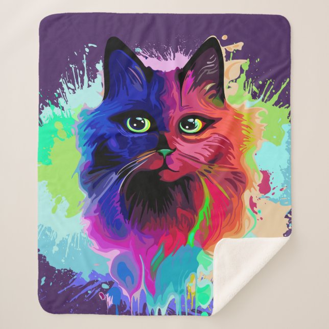 Cat Trippy Psychedelic Pop Art  Sherpa Blanket (Front)