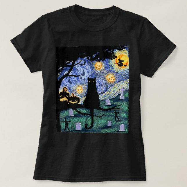 Cat Tshirt, Scary Night Cat Tee, Van Gogh Gift, Ha T-Shirt (Design Front)