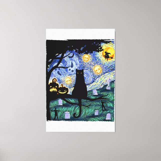 Cat Tshirt, Scary Night Cat Tee, Van Gogh Gifts Ha Canvas Print (Front)