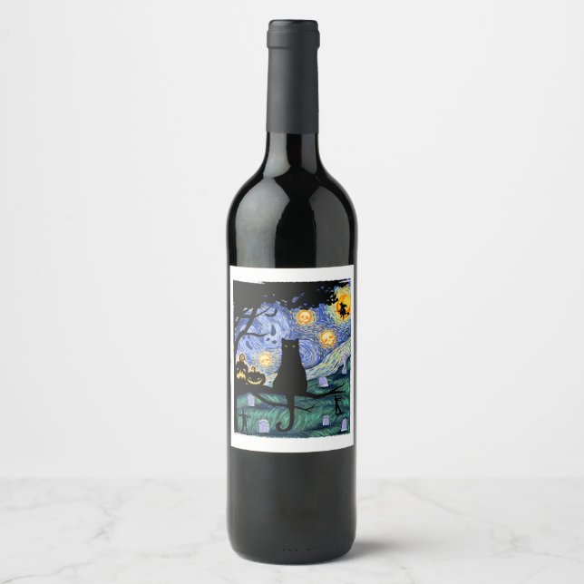 Cat Tshirt, Scary Night Cat Tee, Van Gogh Gifts Ha Wine Label (Front)