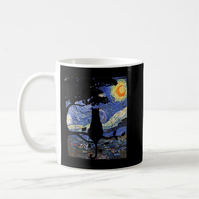 Cat Tshirt, Starry Night Cat Tee, Van Gogh Cat Gif Coffee Mug (Left)