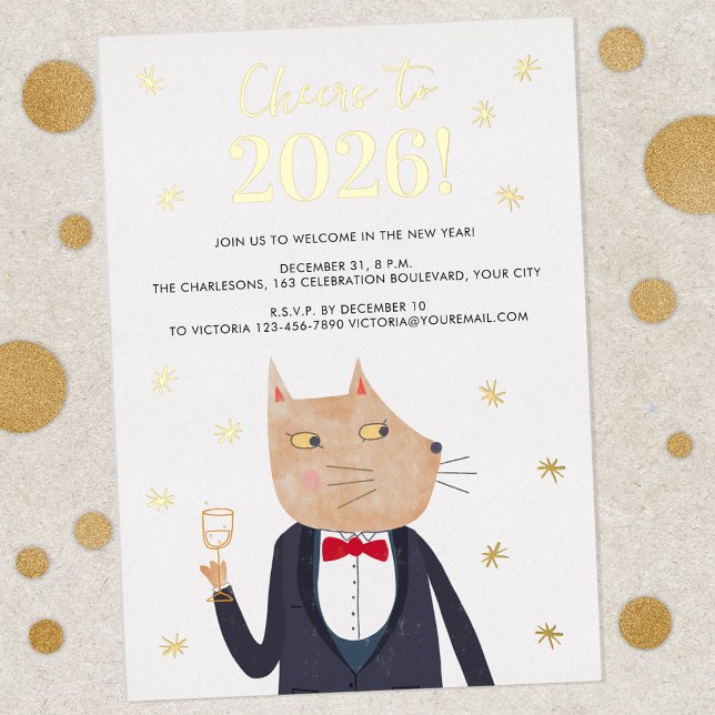 Cat Tuxedo New Year's Eve 2026 Foil Party Invite (Gold foil personalized text suave sophisticated cat humor New Year's Party 2026 invitation)