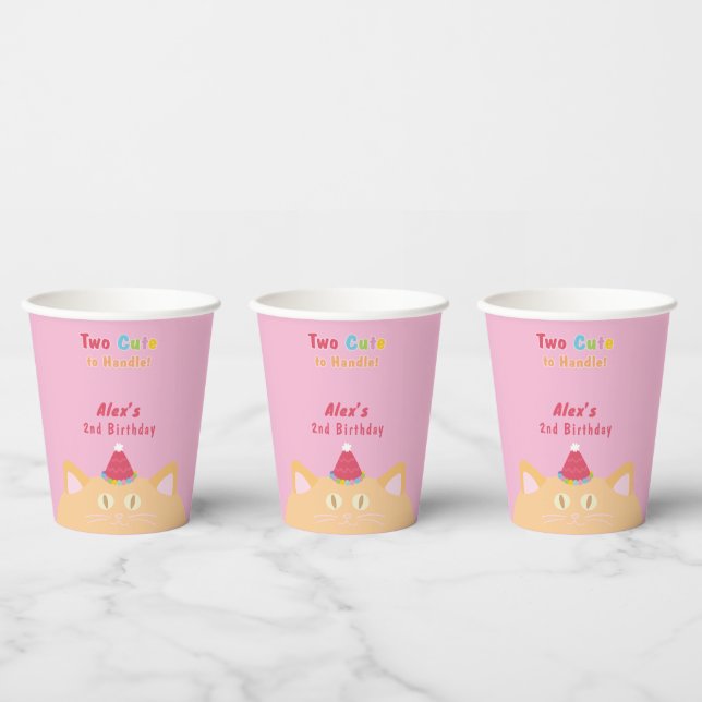 Cat "Two Cute to Handle" 2nd Birthday Pink Paper Cups (Multi)