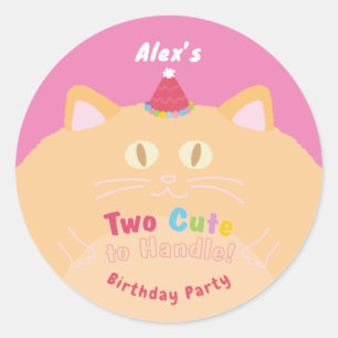 Cat "Two Cute to Handle" Birthday Party Pink Classic Round Sticker