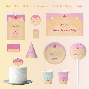 Cat "Two Cute to Handle" Birthday Party Pink Classic Round Sticker