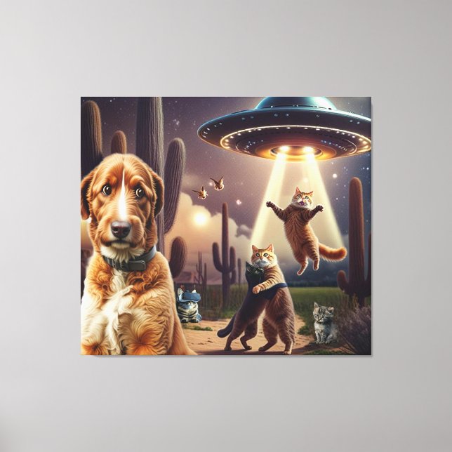  Cat UFO Abduction w/ Concerned Dog in Foreground Canvas Print (Front)