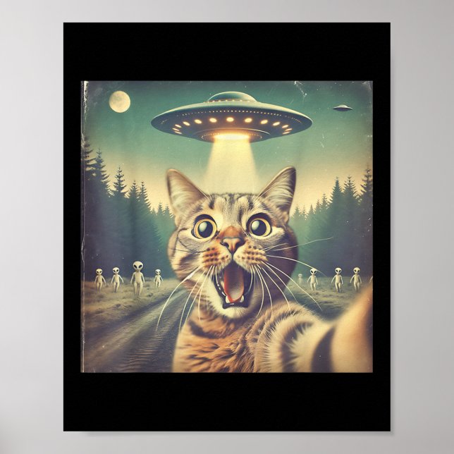Cat Ufo Selfie Art Funny Cat Alien  Poster (Front)