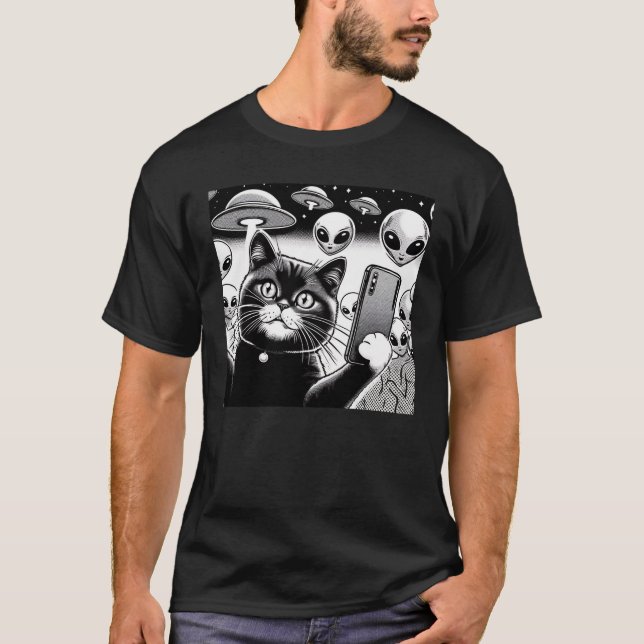 Cat UFO Selfie: Green Alien #2 T-Shirt (Front)