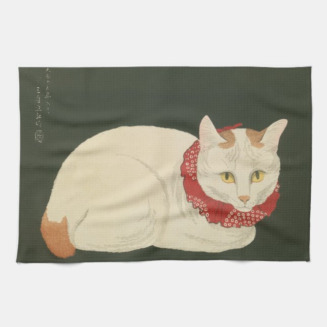 Cat Ukiyo-e print, early 1900s Tea Towel (Horizontal)