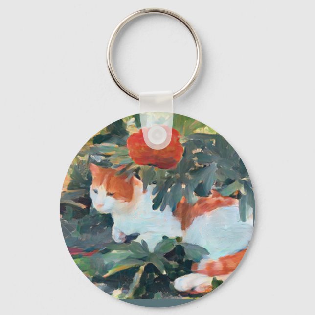 cat under a flowering bush A.I. enhanced  Key Ring (Front)
