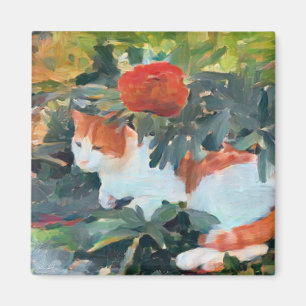cat under a flowering bush A.I. enhanced  Magnet