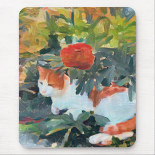 cat under a flowering bush A.I. enhanced Mouse Pad