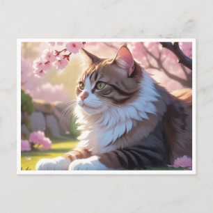 Cat under Sakura tree postcard
