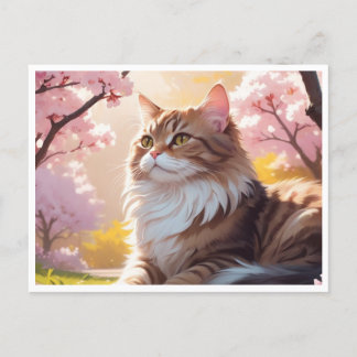 Cat under Sakura tree postcard
