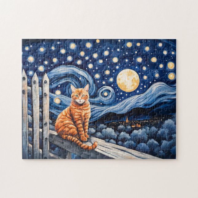 Cat Under Starry Night Watercolor Jigsaw Puzzle (Horizontal)