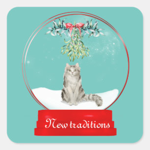 Cat Under the Mistletoe Snow Globe Square Sticker