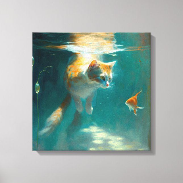 Cat Underwater Watches Fish - Wrapped Canvas (Front)
