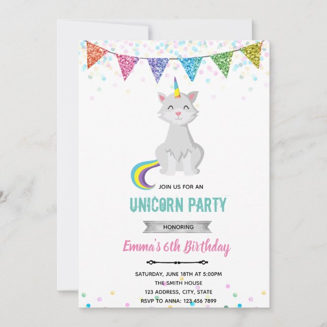 Cat unicorn birthday invitation (Front)