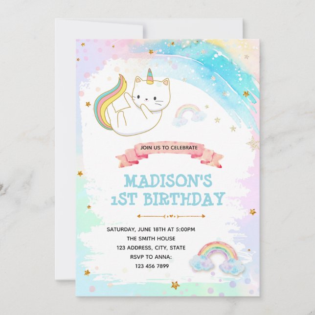 Cat unicorn birthday shower invitation (Front)