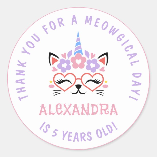 Cat Unicorn Birthday Thank You Pink Purple Blue Classic Round Sticker (Front)