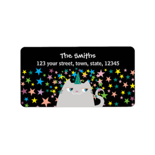 Cat Unicorn Colourful Stars Black Return Address Label