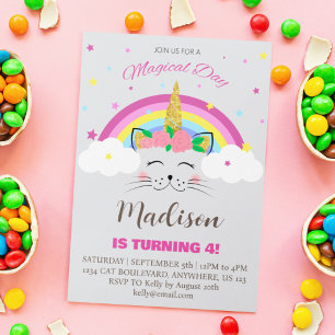 Cat Unicorn Magical Day Girl's Birthday Party Invitation