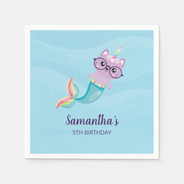 Cat Unicorn Mermaid Under the Sea Birthday Party Napkin (Front)
