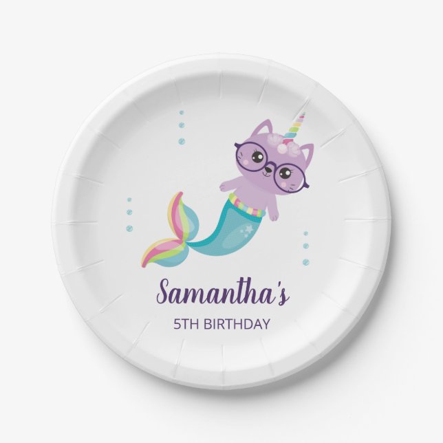 Cat Unicorn Mermaid Under the Sea Birthday Party Paper Plate (Front)