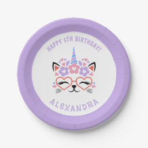 Cat Unicorn Name Purple Pink Blue Birthday Party Paper Plate