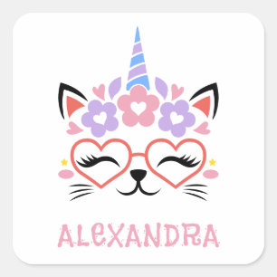 Cat Unicorn Name Template Pink Purple Blue Cute Square Sticker