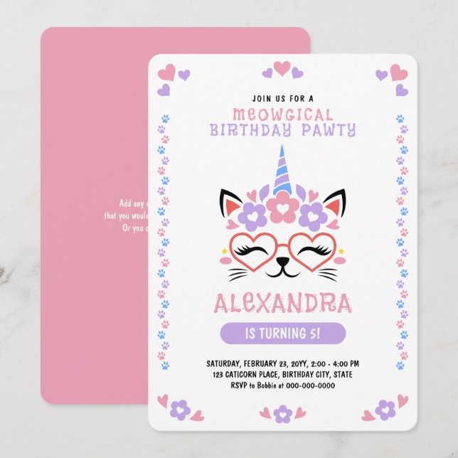 Cat Unicorn Pink Purple Blue Birthday Party Invitation (Front/Back)