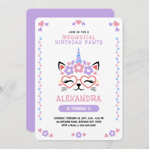 Cat Unicorn Purple Pink Blue Birthday Party Invitation