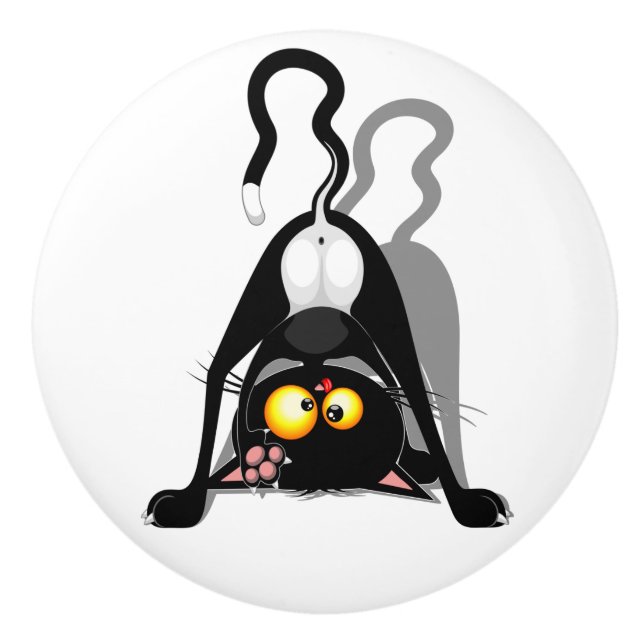 Cat Upside Down Funny Cartoon Character Ceramic Knob (Front)