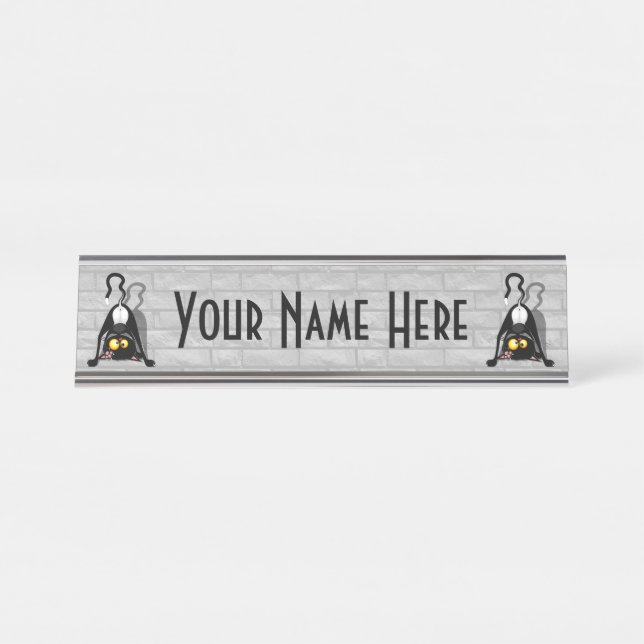 Cat Upside Down Funny Cartoon Character Desk Name Plate (Front)