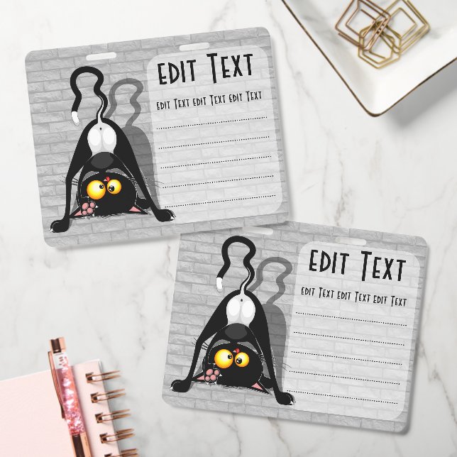 Cat Upside Down Funny Cartoon Character ID Badge (Office)