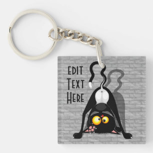 Cat Upside Down Funny Cartoon Character Key Ring