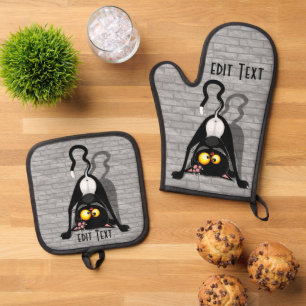 Cat Upside Down Funny Cartoon Character Oven Mitt & Pot Holder Set