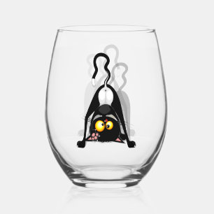 Cat Upside Down Funny Cartoon Character Stemless Wine Glass