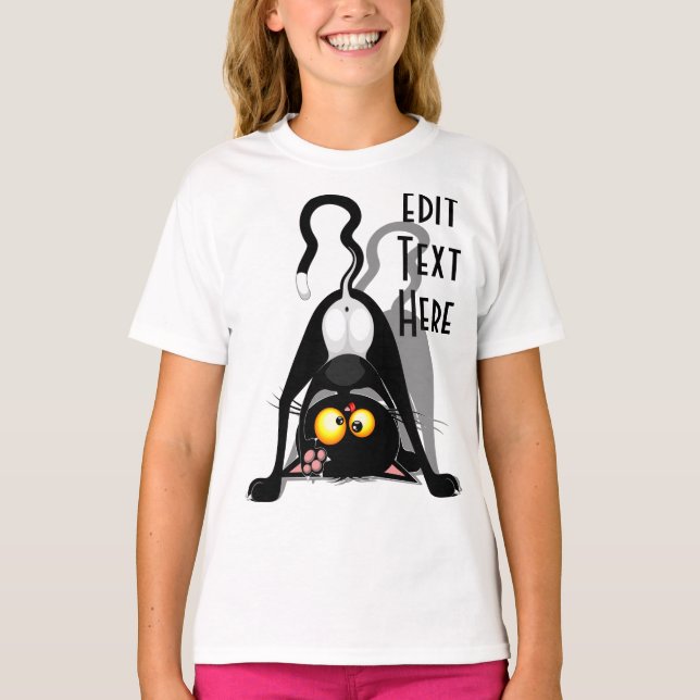Cat Upside Down Funny Cartoon Character T-Shirt (Front)