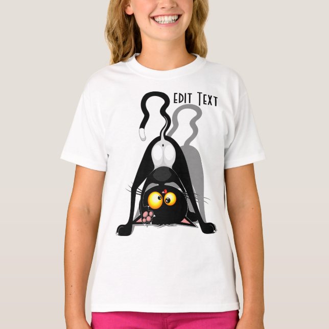 Cat Upside Down Funny Cartoon Character T-Shirt (Front)