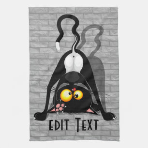 Cat Upside Down Funny Cartoon Character Tea Towel