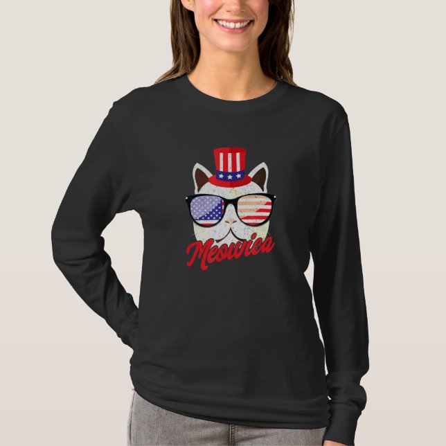 Cat Us Flag Sunglasses 4th Of July Meowica Men Wom T-Shirt (Front)