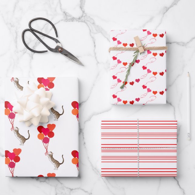 Cat Valentines Red, Pink and White Wrapping Paper Sheet (Front)