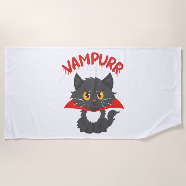 Cat Vampire Halloween Beach Towel (Front)