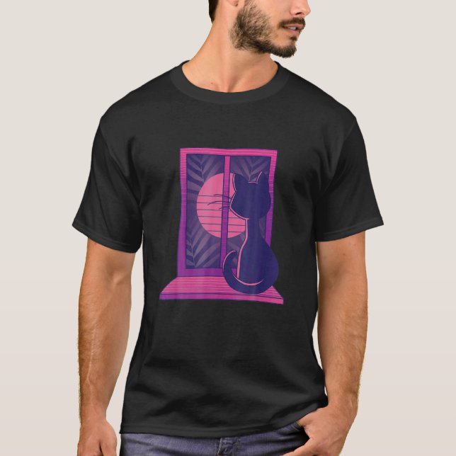 Cat Vaporwave Moon Kitten Window Graphic T-Shirt (Front)